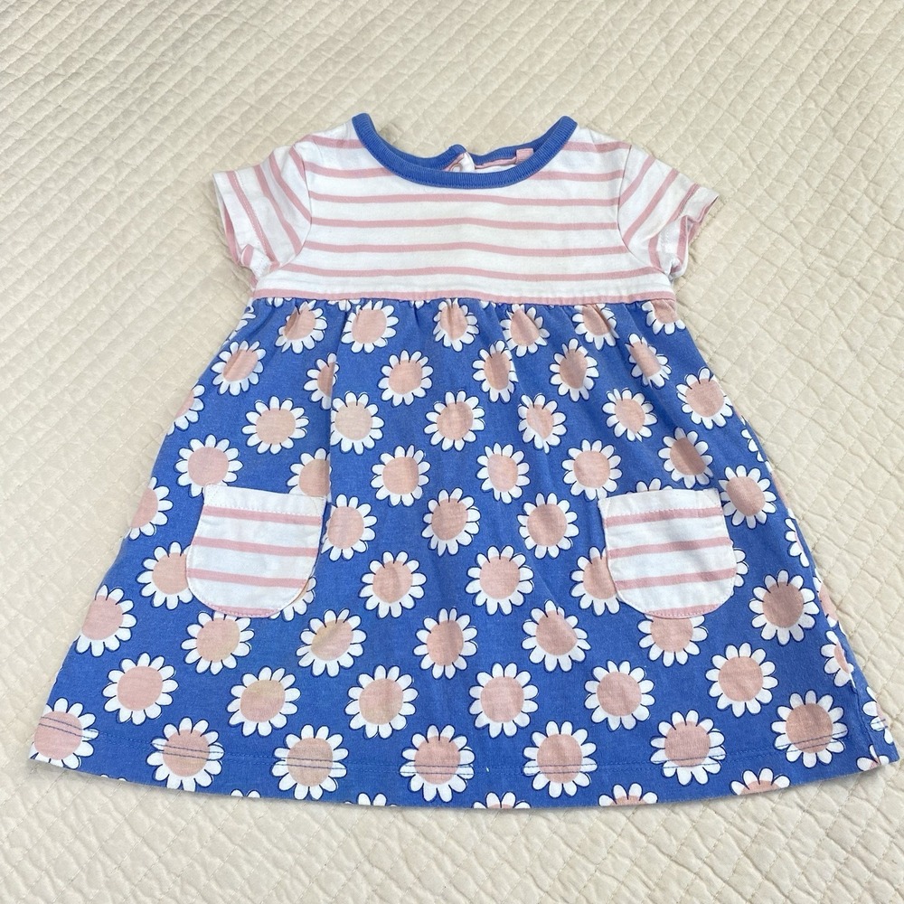 Baby Boden Girl 3-6 Months 62 CM Stripe Floral Cotton Dress Pink Blue Pockets